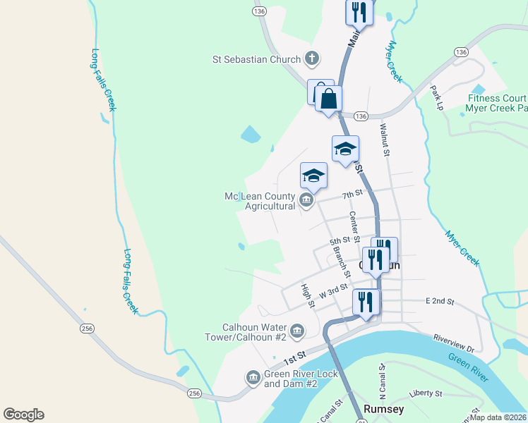 map of restaurants, bars, coffee shops, grocery stores, and more near 391 7th Street in Calhoun
