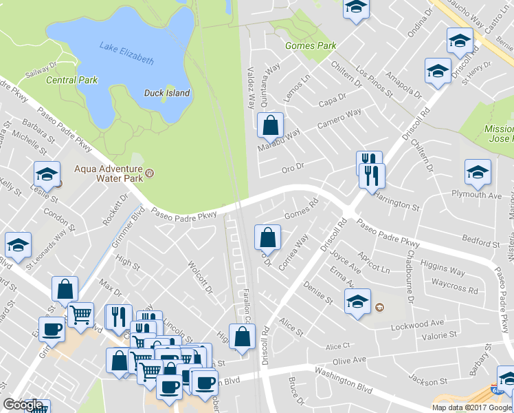 map of restaurants, bars, coffee shops, grocery stores, and more near 40859 Terry Terrace in Fremont
