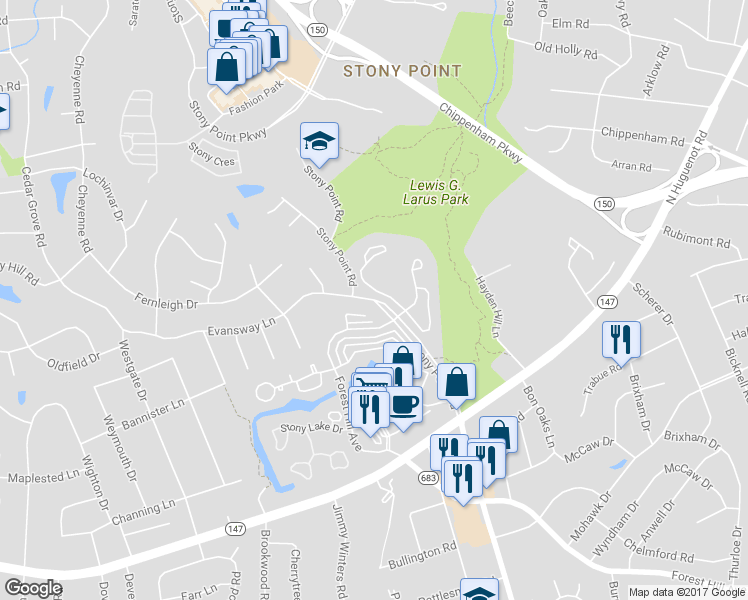 map of restaurants, bars, coffee shops, grocery stores, and more near Stony Point Road in Richmond