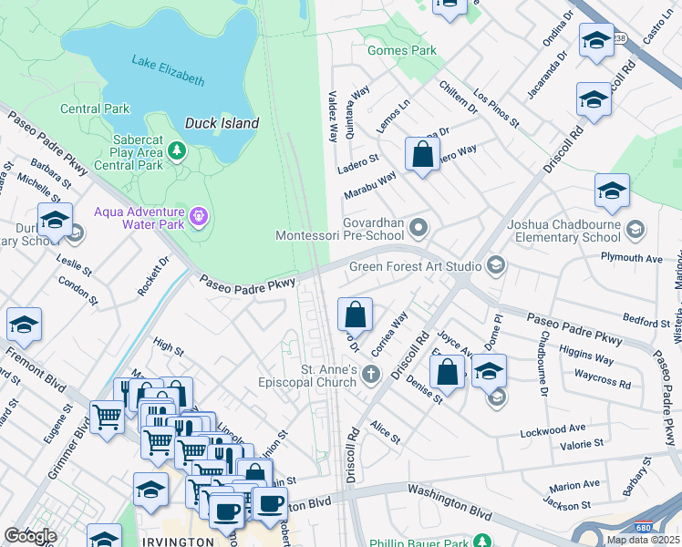 map of restaurants, bars, coffee shops, grocery stores, and more near 40859 Terry Terrace in Fremont