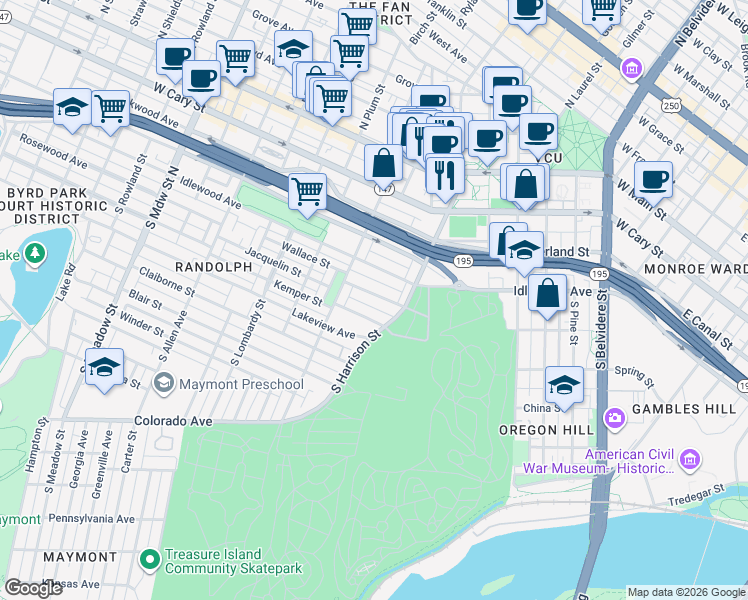 map of restaurants, bars, coffee shops, grocery stores, and more near 1226 Wallace Street in Richmond