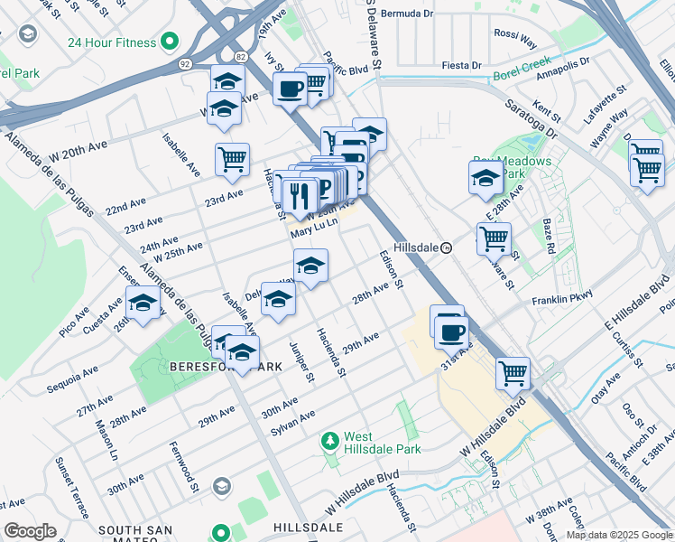 map of restaurants, bars, coffee shops, grocery stores, and more near 124 27th Avenue in San Mateo