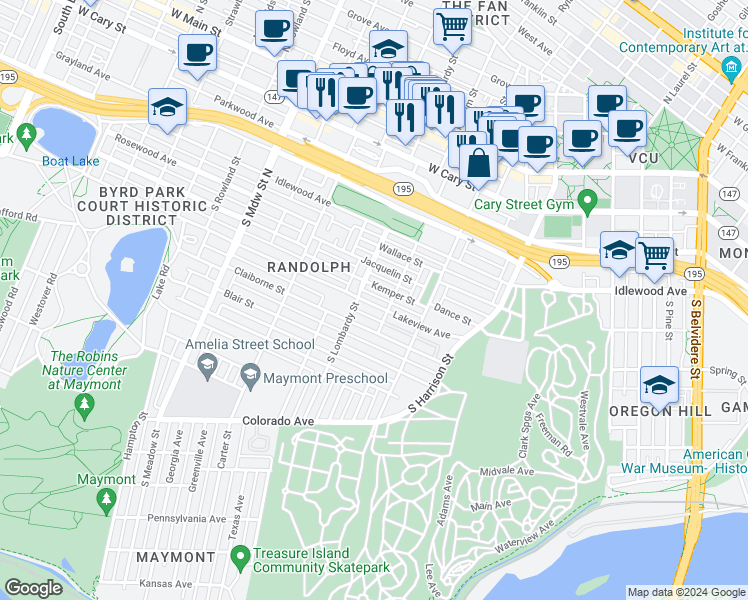map of restaurants, bars, coffee shops, grocery stores, and more near 1512 Lakeview Avenue in Richmond