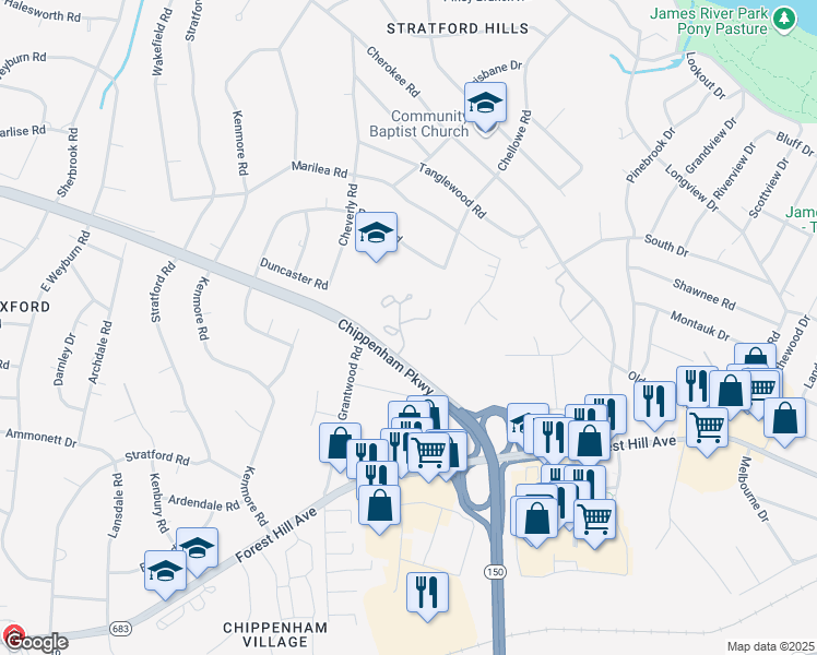 map of restaurants, bars, coffee shops, grocery stores, and more near 7505 Broach Drive in Richmond