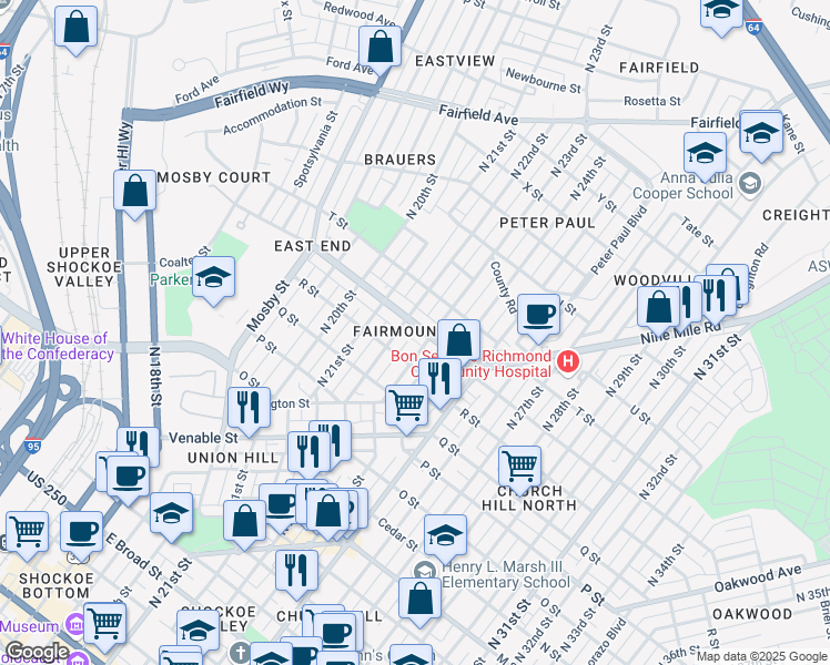 map of restaurants, bars, coffee shops, grocery stores, and more near 2209 Fairmount Avenue in Richmond