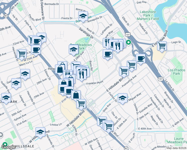 map of restaurants, bars, coffee shops, grocery stores, and more near 3017 Baze Road in San Mateo
