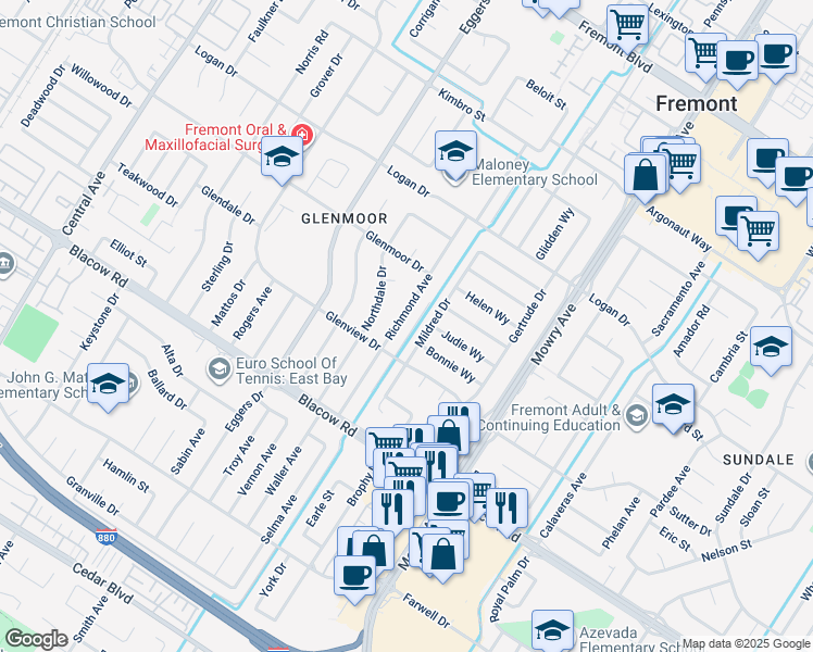 map of restaurants, bars, coffee shops, grocery stores, and more near 4674 Richmond Avenue in Fremont