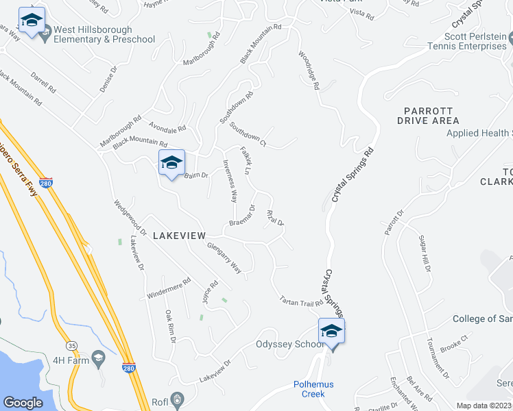 map of restaurants, bars, coffee shops, grocery stores, and more near 45 Braemar Drive in Hillsborough