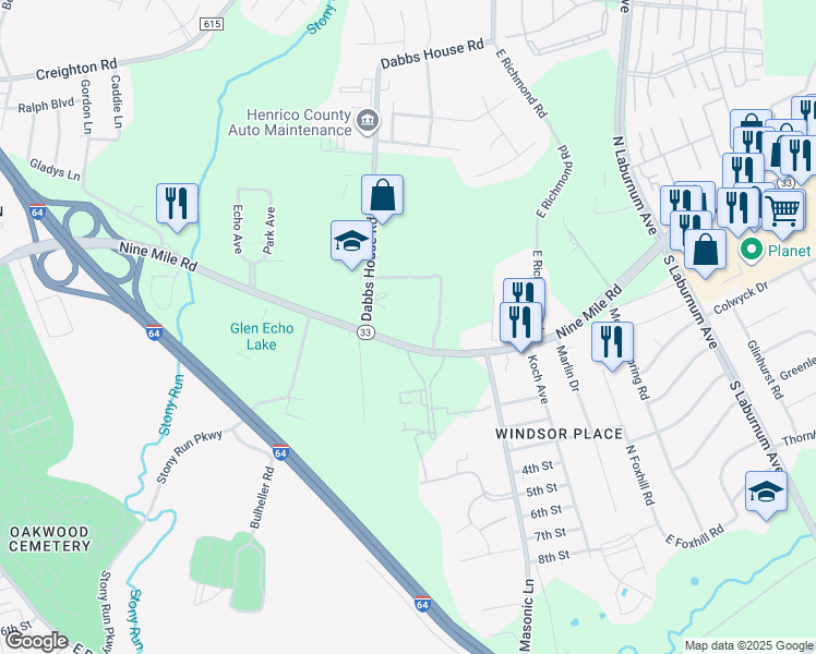 map of restaurants, bars, coffee shops, grocery stores, and more near 3908 Nine Mile Road in Richmond