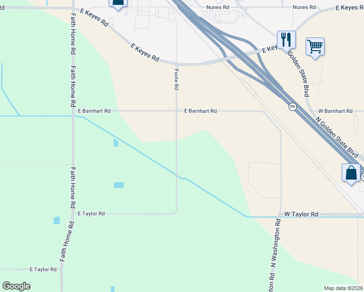 map of restaurants, bars, coffee shops, grocery stores, and more near 6630 Foote Road in Ceres