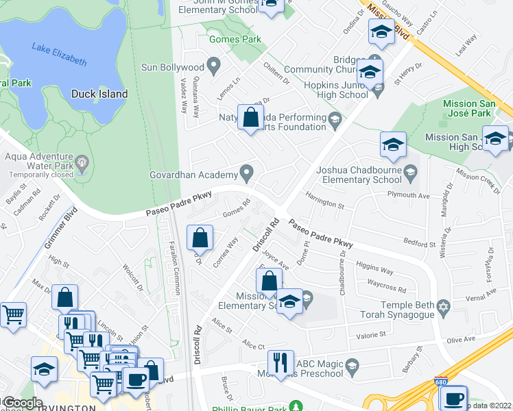 map of restaurants, bars, coffee shops, grocery stores, and more near 1951 Briscoe Terrace in Fremont