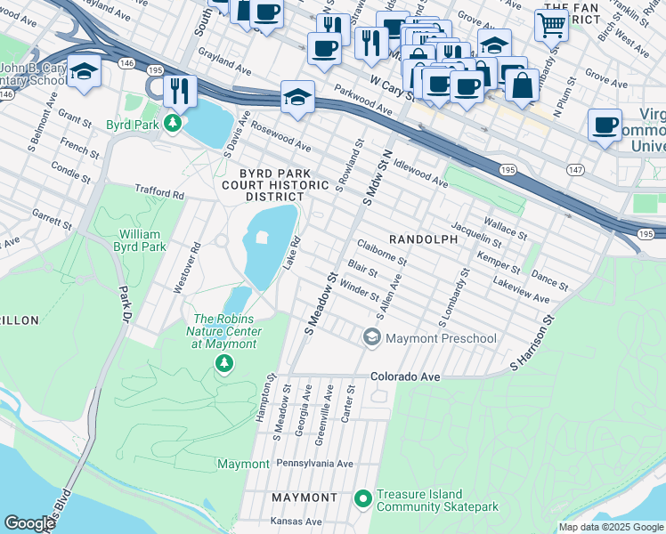 map of restaurants, bars, coffee shops, grocery stores, and more near 900 South Meadow Street in Richmond