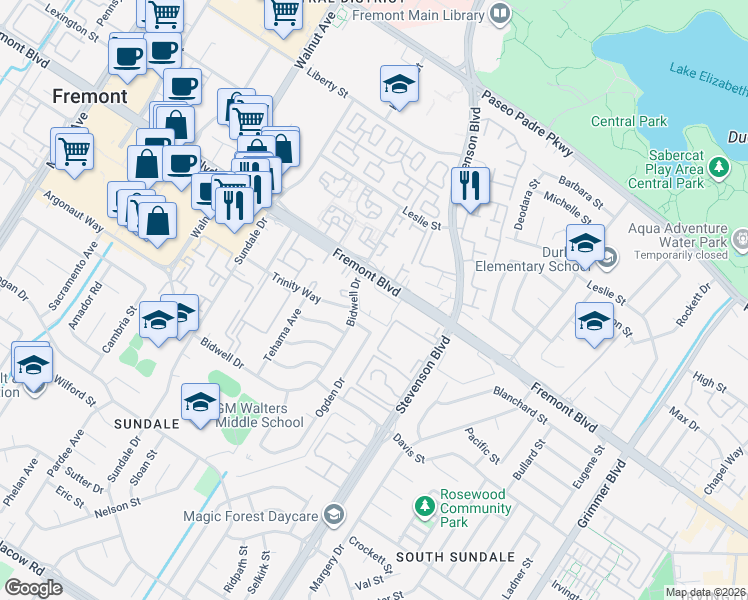 map of restaurants, bars, coffee shops, grocery stores, and more near 39792 Bissy Common in Fremont