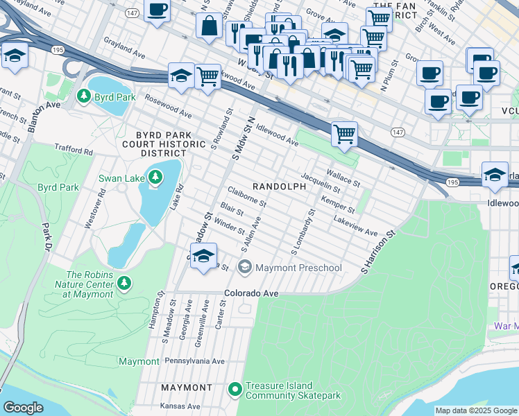 map of restaurants, bars, coffee shops, grocery stores, and more near 1816 Claiborne Street in Richmond