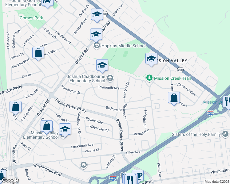 map of restaurants, bars, coffee shops, grocery stores, and more near 41516 Fordham Court in Fremont
