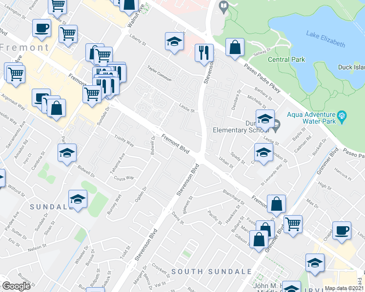 map of restaurants, bars, coffee shops, grocery stores, and more near 39930 Fremont Boulevard in Fremont