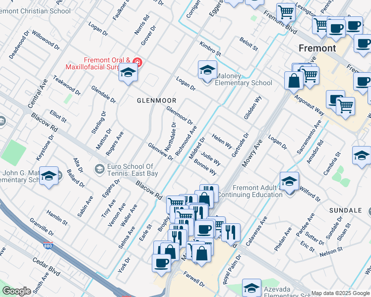 map of restaurants, bars, coffee shops, grocery stores, and more near 4674 Richmond Avenue in Fremont