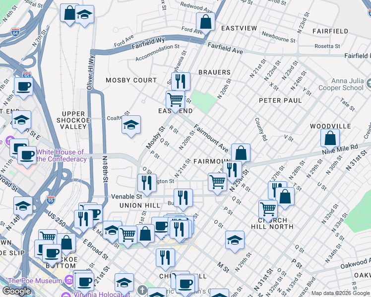 map of restaurants, bars, coffee shops, grocery stores, and more near 1110 North 20th Street in Richmond