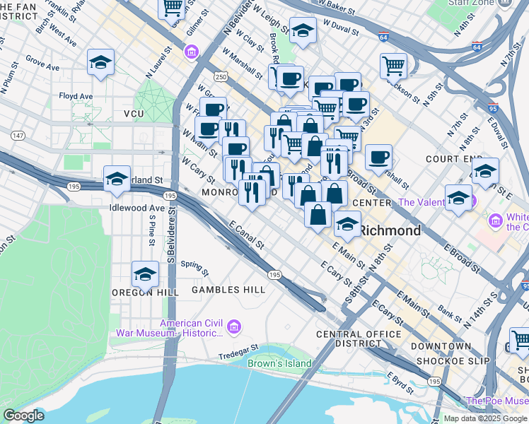 map of restaurants, bars, coffee shops, grocery stores, and more near 3 South 1st Street in Richmond
