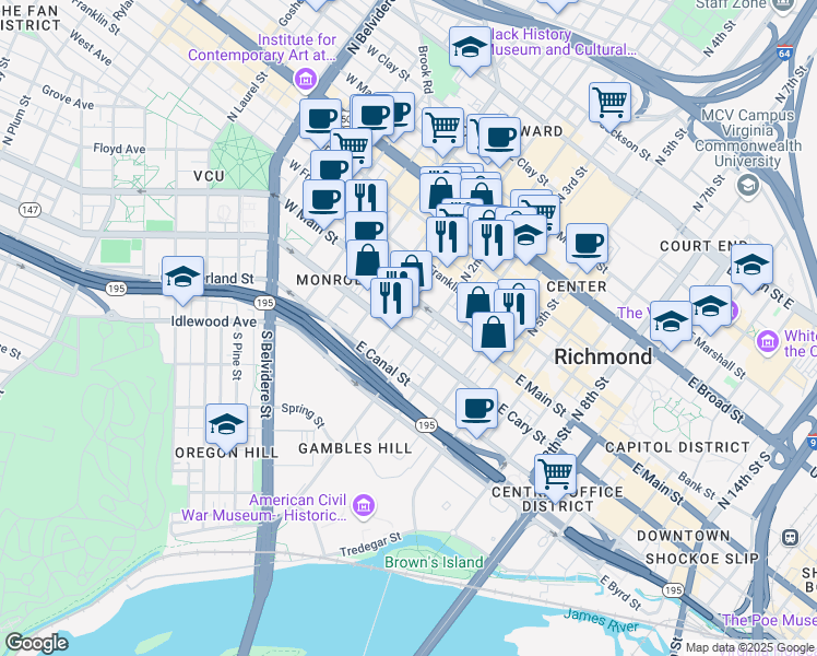 map of restaurants, bars, coffee shops, grocery stores, and more near 3 South 1st Street in Richmond