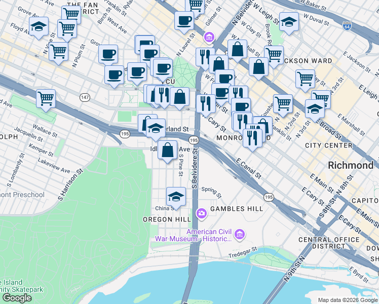 map of restaurants, bars, coffee shops, grocery stores, and more near 600 Idlewood Avenue in Richmond