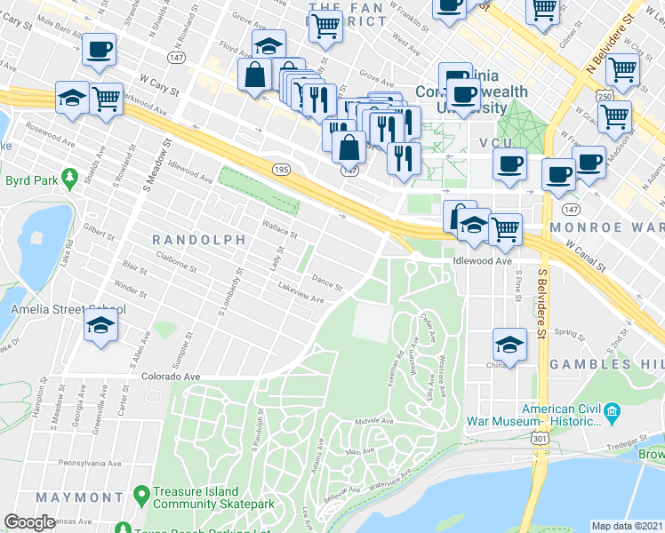 map of restaurants, bars, coffee shops, grocery stores, and more near 501 South Randolph Street in Richmond