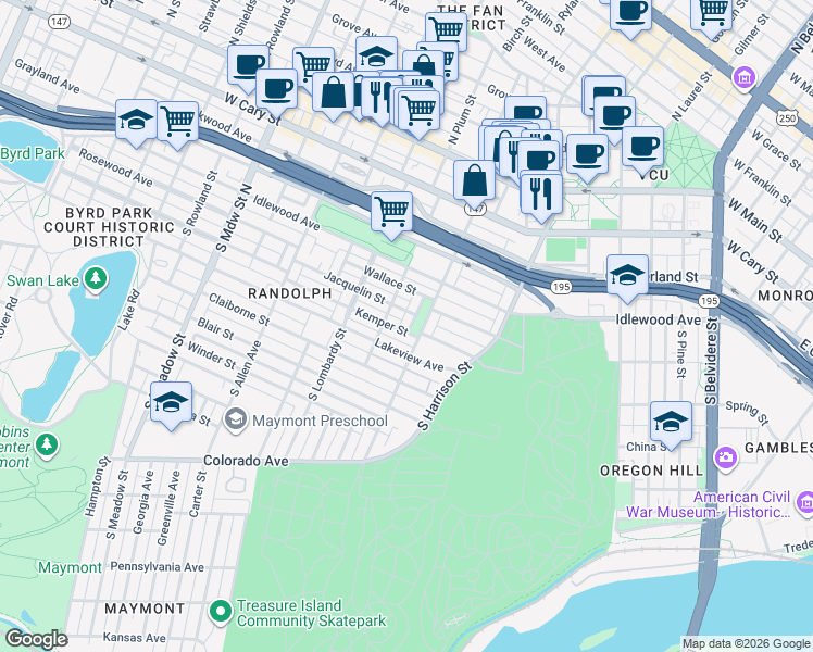 map of restaurants, bars, coffee shops, grocery stores, and more near 1413 Jacquelin Street in Richmond