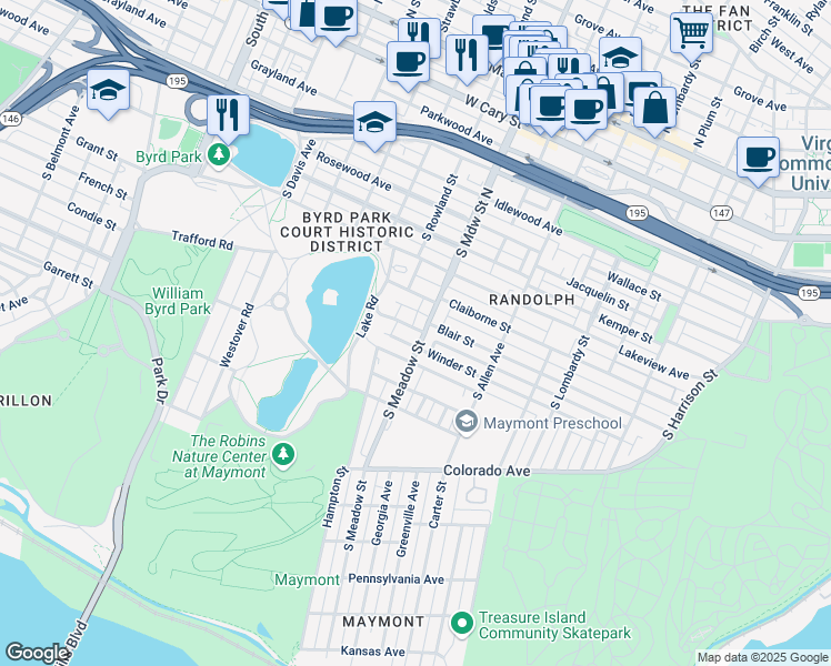 map of restaurants, bars, coffee shops, grocery stores, and more near 2000 Walker Street in Richmond