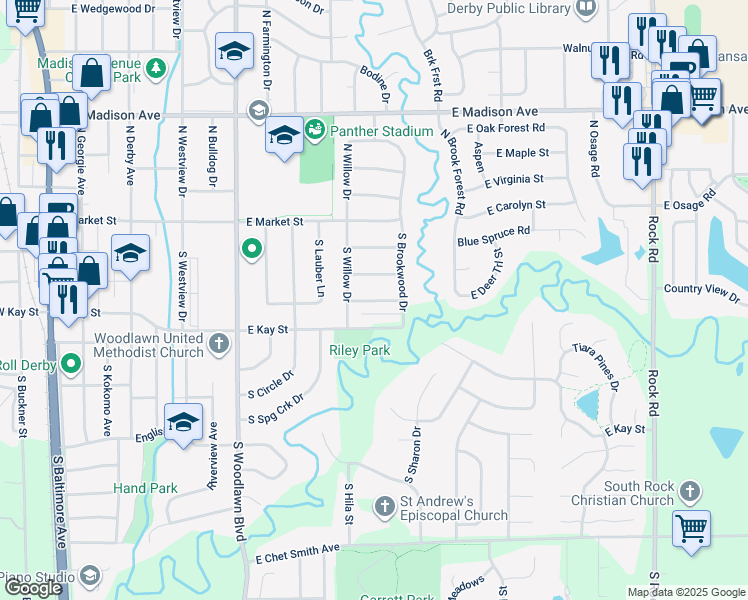 map of restaurants, bars, coffee shops, grocery stores, and more near 1108 East Redwood Road in Derby