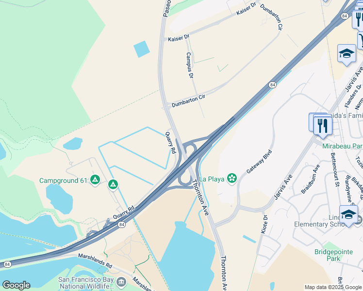 map of restaurants, bars, coffee shops, grocery stores, and more near Paseo Padre Pkwy & Thornton Ave in Fremont
