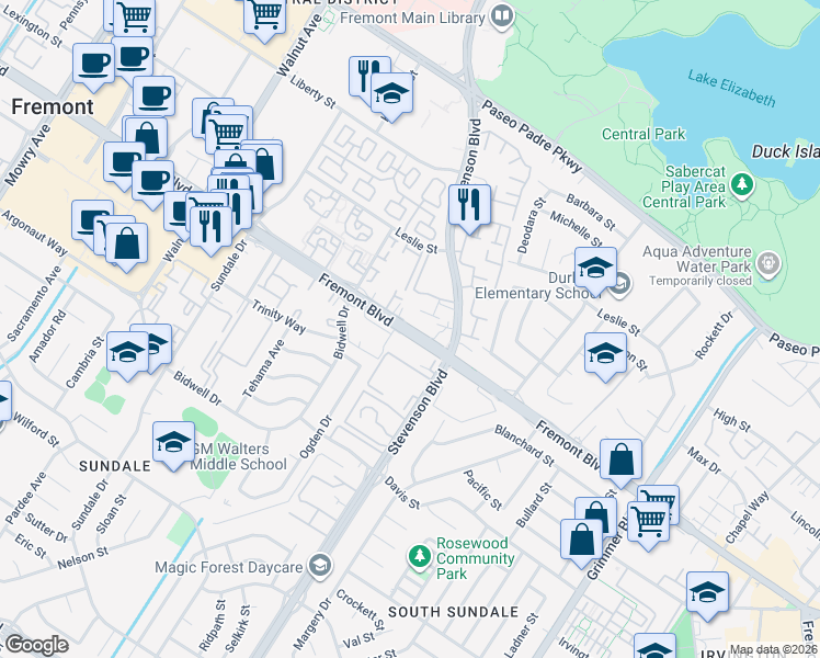 map of restaurants, bars, coffee shops, grocery stores, and more near 39930 Fremont Boulevard in Fremont
