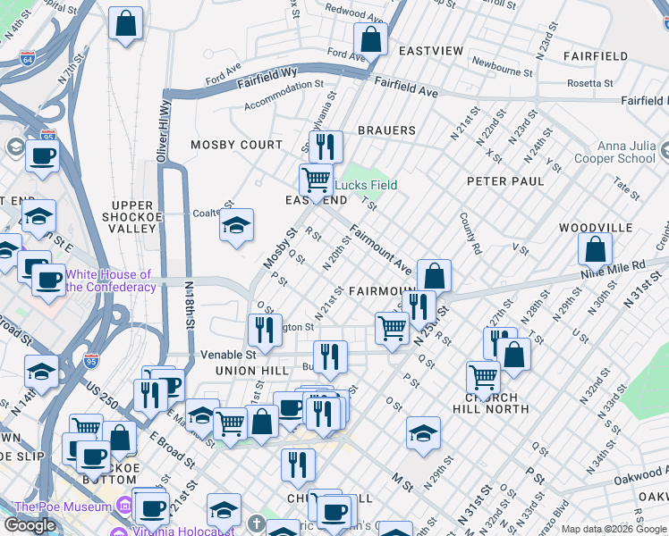 map of restaurants, bars, coffee shops, grocery stores, and more near 1110 North 20th Street in Richmond