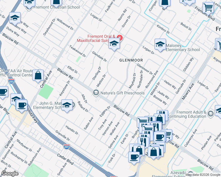 map of restaurants, bars, coffee shops, grocery stores, and more near 4911 Whitfield Avenue in Fremont
