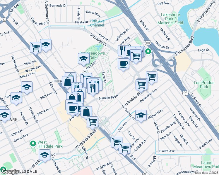 map of restaurants, bars, coffee shops, grocery stores, and more near 3001 Baze Road in San Mateo