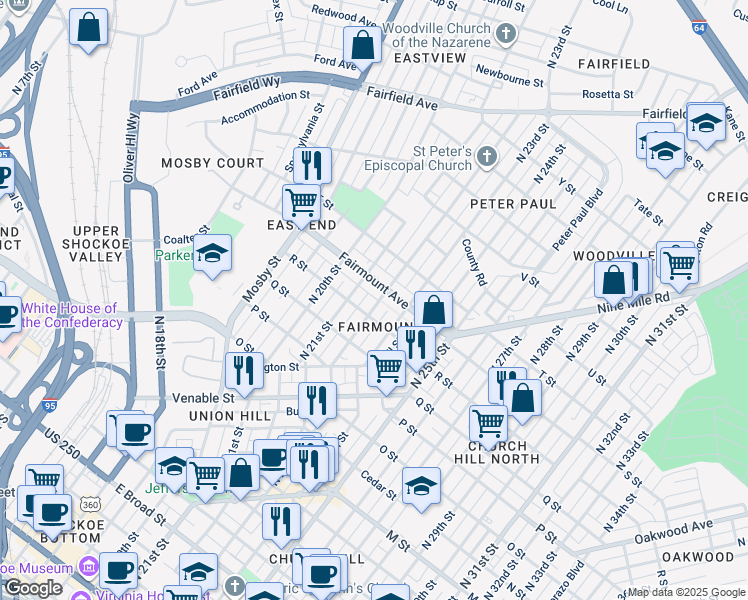 map of restaurants, bars, coffee shops, grocery stores, and more near 1218 North 22nd Street in Richmond