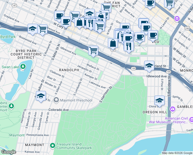 map of restaurants, bars, coffee shops, grocery stores, and more near 1413 Jacquelin Street in Richmond