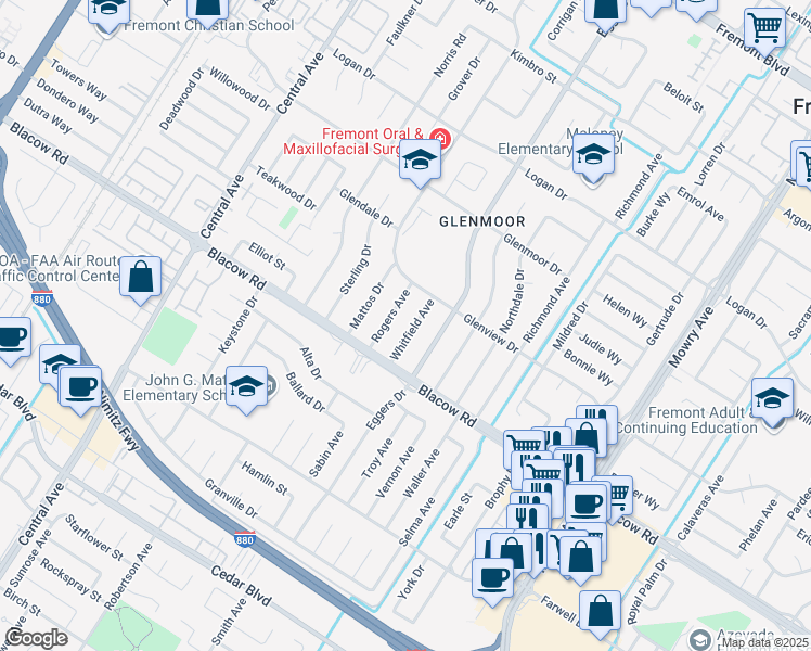 map of restaurants, bars, coffee shops, grocery stores, and more near 4911 Whitfield Avenue in Fremont
