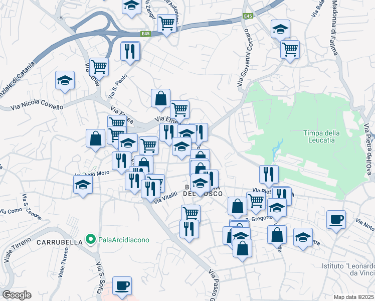 map of restaurants, bars, coffee shops, grocery stores, and more near 28 Via Nino Bixio in Catania