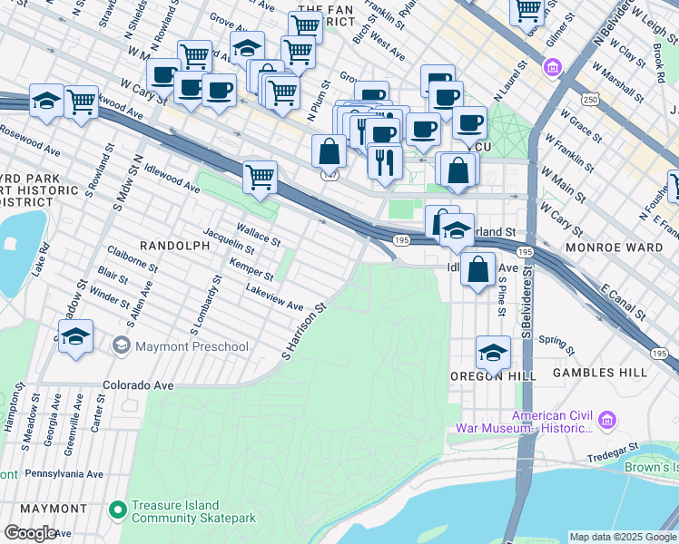 map of restaurants, bars, coffee shops, grocery stores, and more near 1206 Wallace Street in Richmond