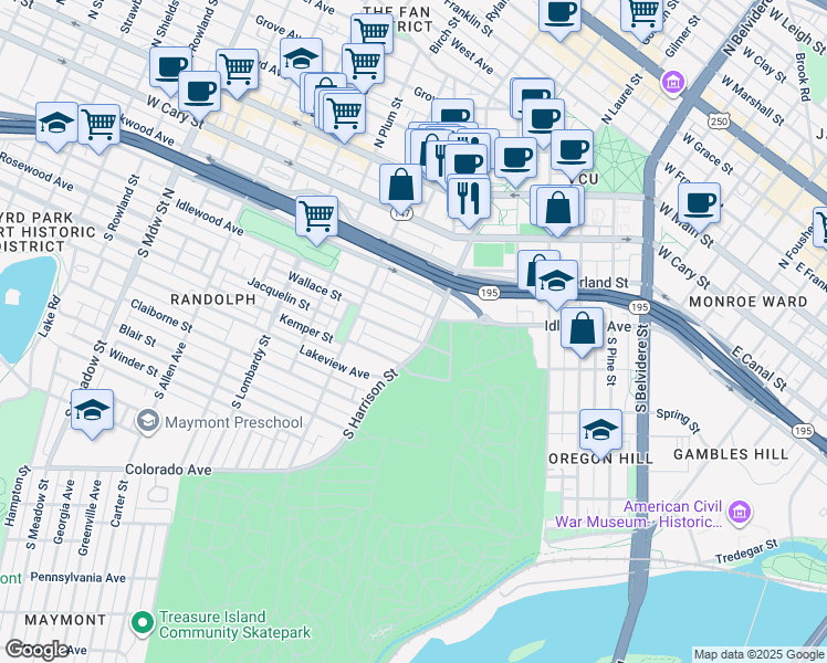 map of restaurants, bars, coffee shops, grocery stores, and more near 1206 Wallace Street in Richmond