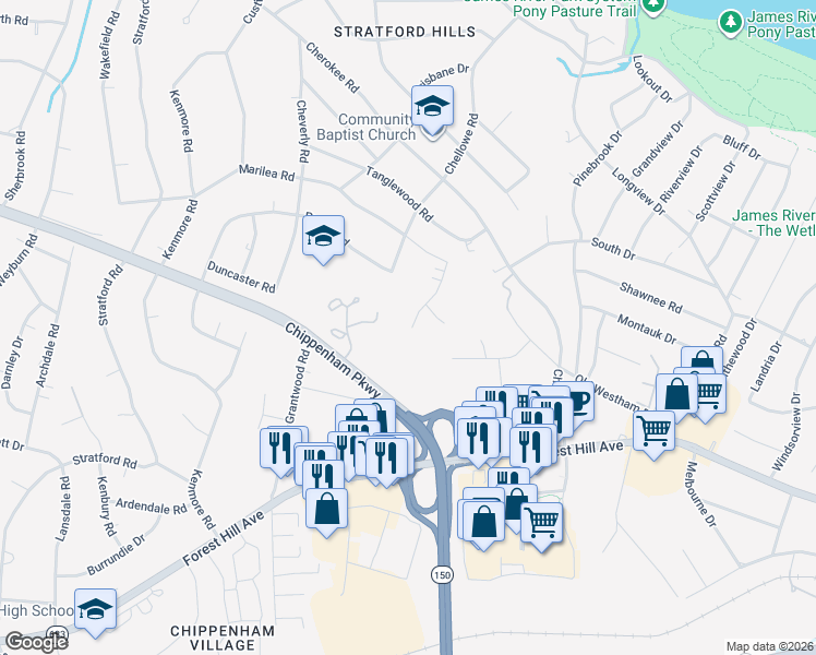 map of restaurants, bars, coffee shops, grocery stores, and more near 3036 Bradwill Road in Richmond