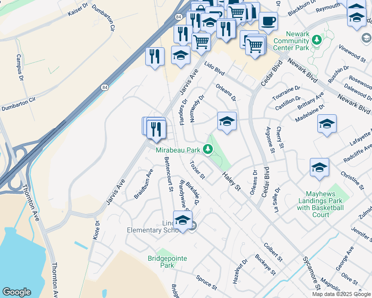 map of restaurants, bars, coffee shops, grocery stores, and more near 6755 Flanders Drive in Newark