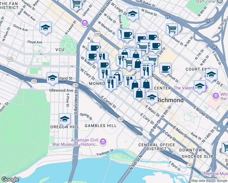 map of restaurants, bars, coffee shops, grocery stores, and more near 104 East Cary Street in Richmond