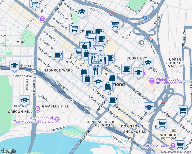 map of restaurants, bars, coffee shops, grocery stores, and more near in Richmond