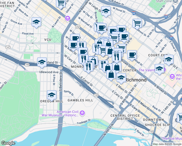 map of restaurants, bars, coffee shops, grocery stores, and more near 104 East Cary Street in Richmond