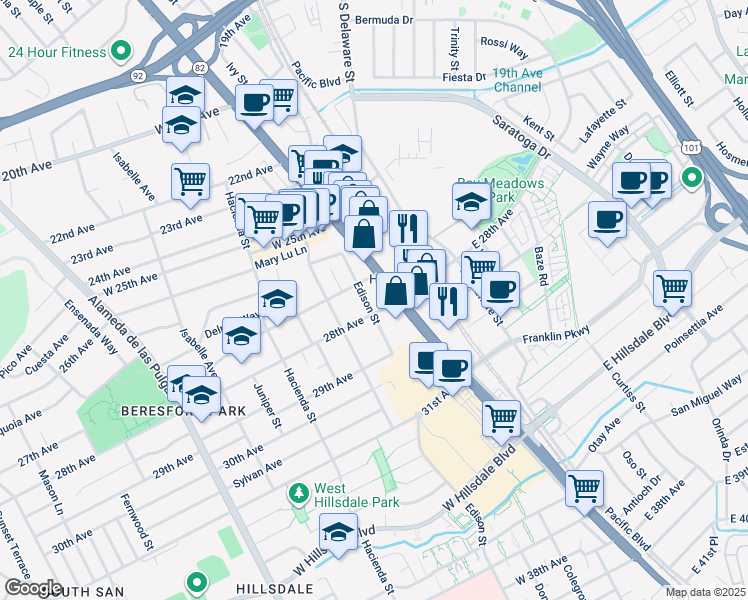 map of restaurants, bars, coffee shops, grocery stores, and more near 2727 Edison Street in San Mateo