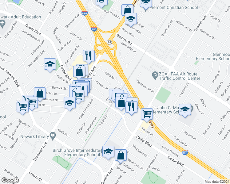 map of restaurants, bars, coffee shops, grocery stores, and more near 5365 Saint Mark Avenue in Newark