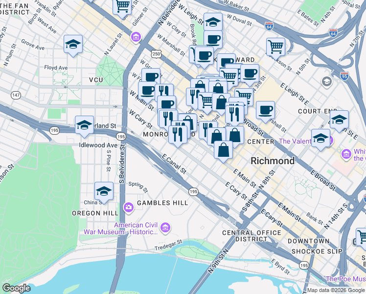 map of restaurants, bars, coffee shops, grocery stores, and more near 3 South 1st Street in Richmond