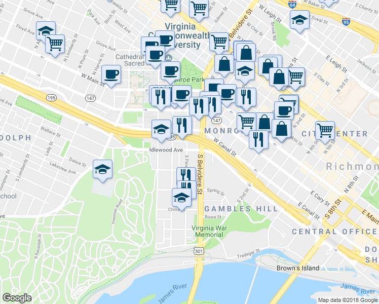 map of restaurants, bars, coffee shops, grocery stores, and more near 600 Idlewood Avenue in Richmond