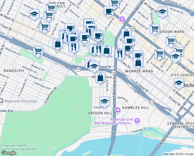 map of restaurants, bars, coffee shops, grocery stores, and more near 227 South Cherry Street in Richmond